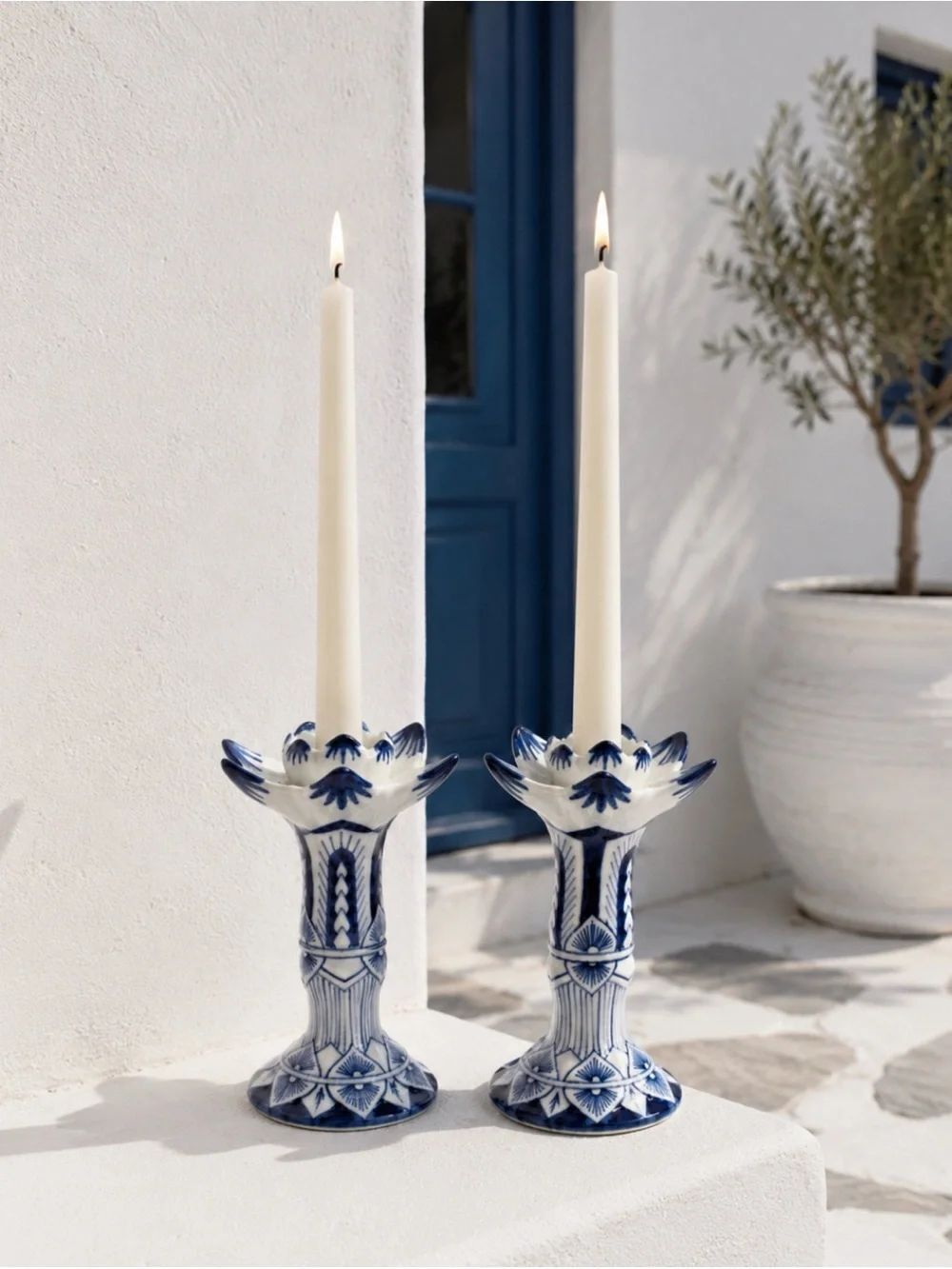 Vintage Asian Ceramic Lotus Candle Holders ~ Handpainted ~ Set of 2